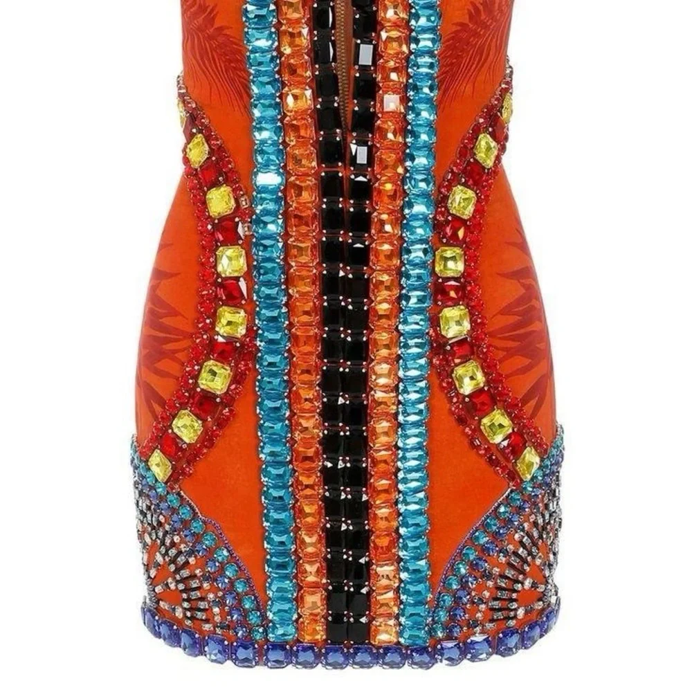 Hand Made Split Mesh Square Neck Crystal Embellished Dress - Picture 7 of 9